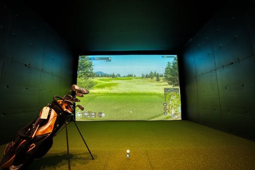 A modern indoor golf simulator with realistic course graphics, located in Mississauga, Canada.